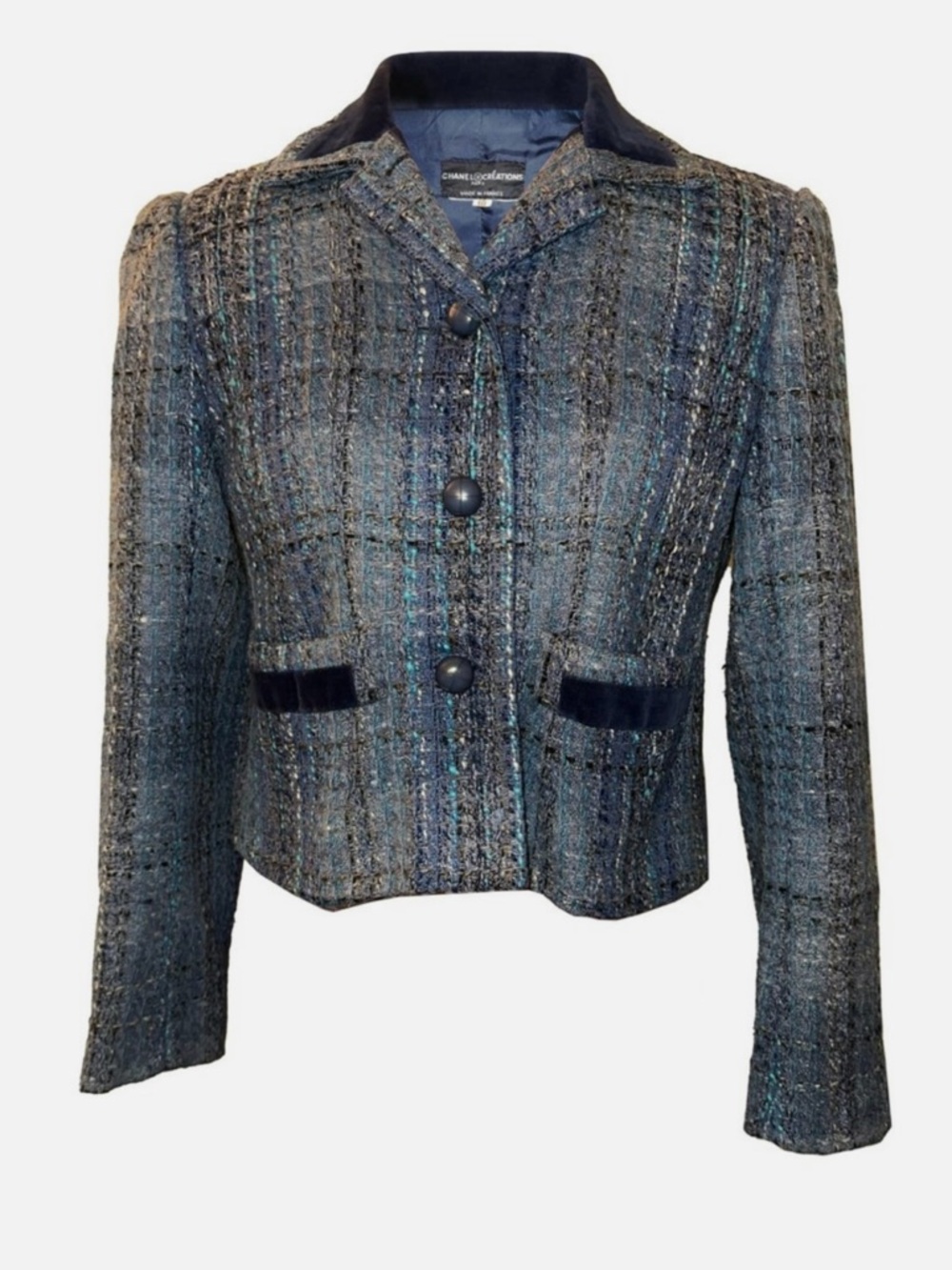 Vintage Chanel Tweed Cropped Jacket in Blue-Grey